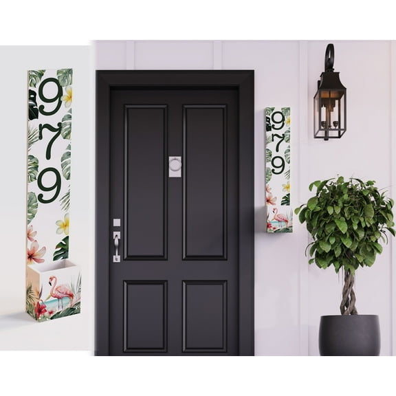 Summer Style Wooden Address Number Planter Sign with Flamingo Pattern - 36"x4.375"x7" - Perfect for Front Door Display