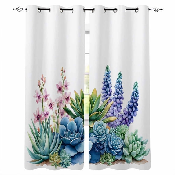 Summer Succulents Blackout Curtains for Bedroom Living Room Darkening Curtains 63 Inches Long Spring Floral Watercolor Window Curtain 2 Panels Set Insulated Window Treatment Grommet Drapes 42"x63"