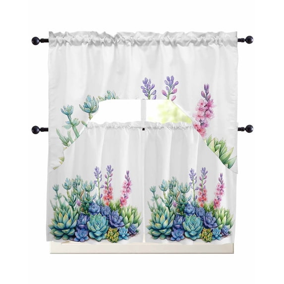 Summer Succulents Kitchen Curtains Sets 24 Inch Length with Valance, Watercolor Spring Floral Swag Valances and Tiers Curtain Set Drapes Swag Curtains for Living Room, Bathroom, Bedroom, Cafe