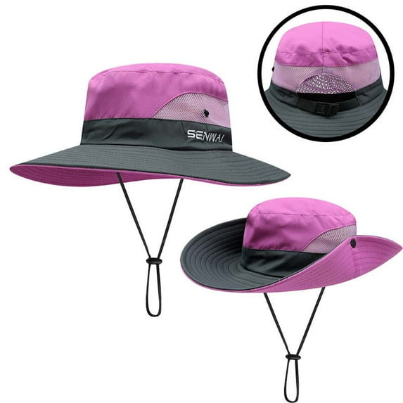 Summer Sun Bucket Hats, UV Protection Ponytail Cap, Breathable Hiking Wide Brim Beach Foldable Fishing Cap, Purple