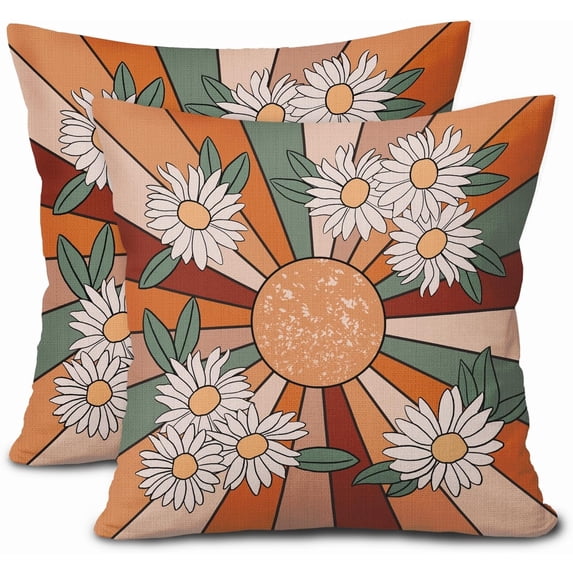 Summer Sun Daisy Floral Pillow Covers 18X18 Inch Set of 2 Vintage Flowers Burnt Orange Green Decorative Square Pillow Cases Farmhouse Seasonal Cushion Case Home Decor for Sofa Couch Bedroom Outdoor