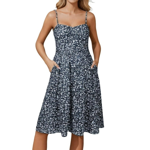 Summer Sun Dress with Pockets for Women Spaghetti Strap Floral Knee Length Sundresses Built In Bra Smocked Sleeveless Beach Midi Dresses Navy XXL