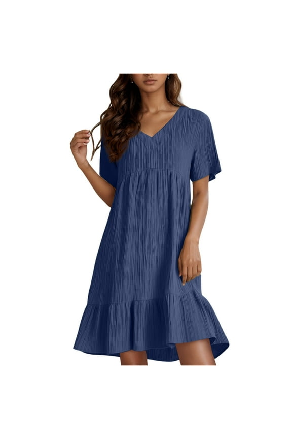 Pleated Dresses for Women Cotton Linen Knee Length Short Sleeve Loose Pleated Dresses V Neck Ruffle Tiered Layered Party A-Line Dresses Navy M
