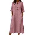 thumbnail image 1 of Summer Sun Dresses for Womens 2026 Plus Size Fashion 1/2 Sleeve Half Sleeve Solid Color Ladies Dress V-Neck Pocket Button Skirt, 1 of 6