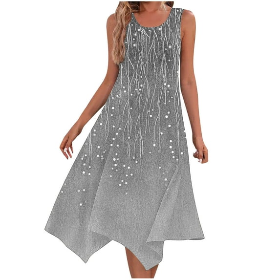 Summer Sun Dresses for Womens 2026 Plus Size Fashion Beach Printing Pockets Tank Round-Neck Sleeveless Tank Dresses
