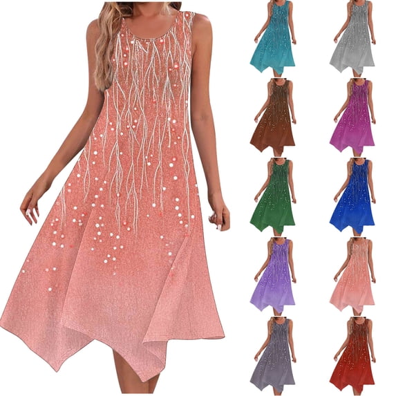 Summer Sun Dresses for Womens 2026 Plus Size Fashion Beach Printing Pockets Tank Round-Neck Sleeveless Tank Dresses
