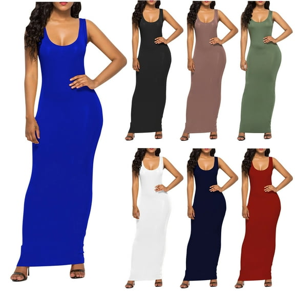 Summer Sun Dresses for Womens 2026 Plus Size Fashion Casual Solid Round-Neck Sleeveless Ankle Dress