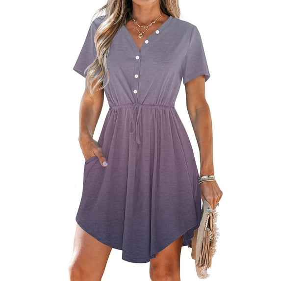 Summer Sun Dresses for Womens 2026 Plus Size Fashion Casual V-Neck Short Sleeve Drawstring Dresses With Pockets