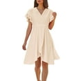 thumbnail image 1 of Summer Sun Dresses for Womens 2026 Plus Size Fashion Elegant Solid Color V-Neck Waist Irregular Split Short Ruffle Sleeve Dress, 1 of 9