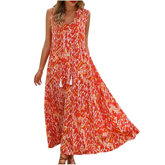 Summer Sun Dresses for Womens 2026 Plus Size Fashion Flower Print V-neck Sleeveless Tassels Loose Comfortable Dress