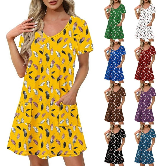 Summer Sun Dresses for Womens 2026 Plus Size Fashion Print Short-sleeved V-neck Casual Dress