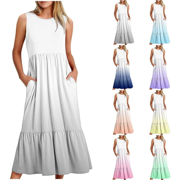 Summer Sun Dresses for Womens 2026 Plus Size Fashion Sleeveless Pocket Round Neck Printing Loose Long Dress