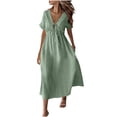 thumbnail image 1 of Summer Sun Dresses for Womens 2026 Plus Size Fashion Solid-Color Casual Short-Sleeved V-Neck Cinched Waist Thin Belt Dress, 1 of 9