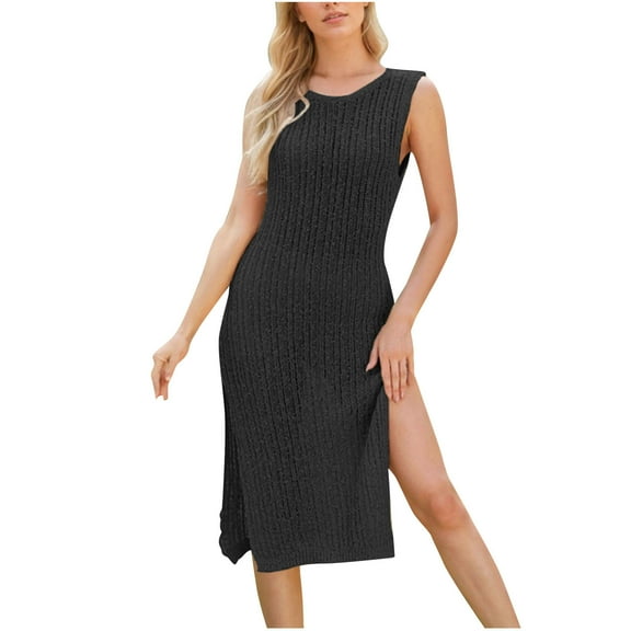 Summer Sun Dresses for Womens 2026 Plus Size Fashion Solid Color Round Neck Sleeveless Split Fork Medium Length Knitting Dress