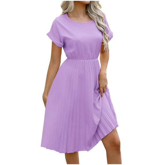 Summer Sun Dresses for Womens 2026 Plus Size Fashion Temperament Solid Color Pleated Three-quarter Sleeve Waist A-line Dress