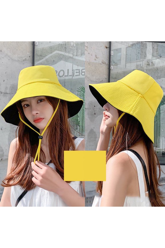Summer Sun Hat Polyester Fishing Hiking Hat with Wide Brim Windproof Rope for Outdoor Activities(Black Yellow Free Size)
