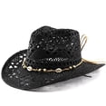 thumbnail image 1 of Summer Sun Hat for Women And Men Solid Color Western Cowboy Hat Hollowed Out Beach Straw Hat, 1 of 5