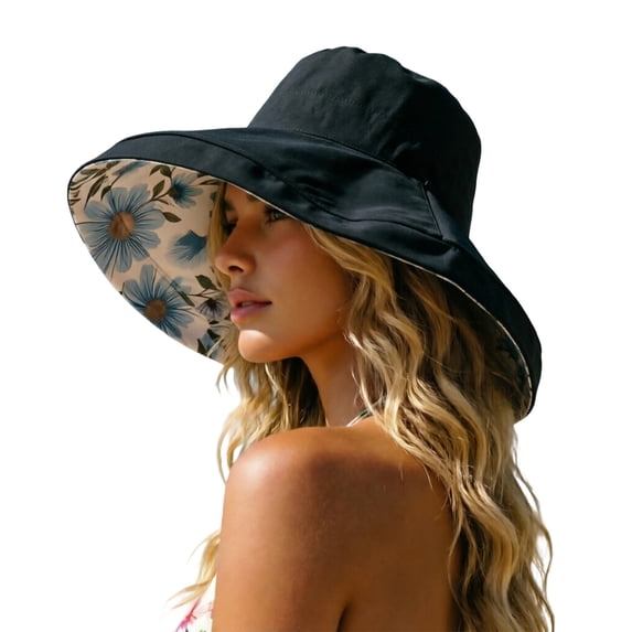 Summer Sun Hat for Women Floral Print Reversible Wide Brim Hat Sun Protection Cap