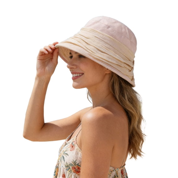 Summer Sun Hat for Women Solid Color Pleated Slouchy Crinkle Patchwork Wide Brim Cap Sun Protection Cap