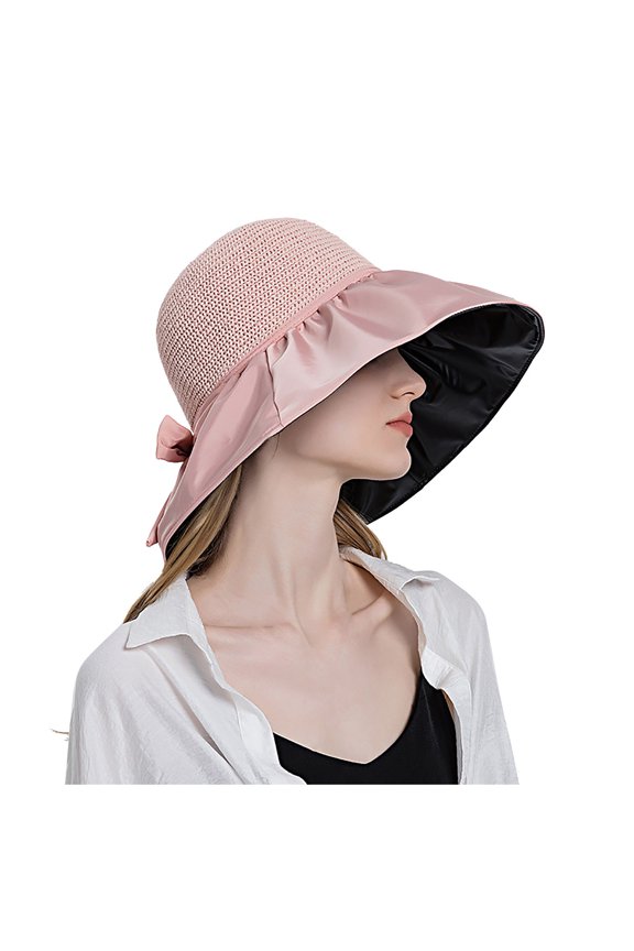 Summer Sun Hats for Women Wide Brim UV Protection Woven Bucket Hat with Elegant Bowknot Foldable Beach Cap for Outdoor Travel Vacation Everyday Casual Apparel Accessories Gear Headwear