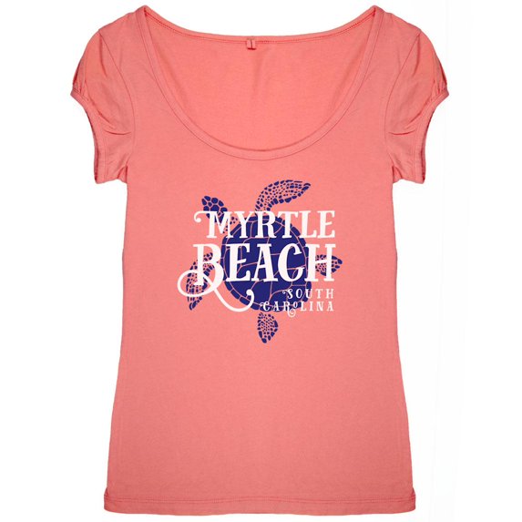 Summer Sun Sea Turtle Myrtle Beach Womens Scoop Neck T Shirt Coral X-LG