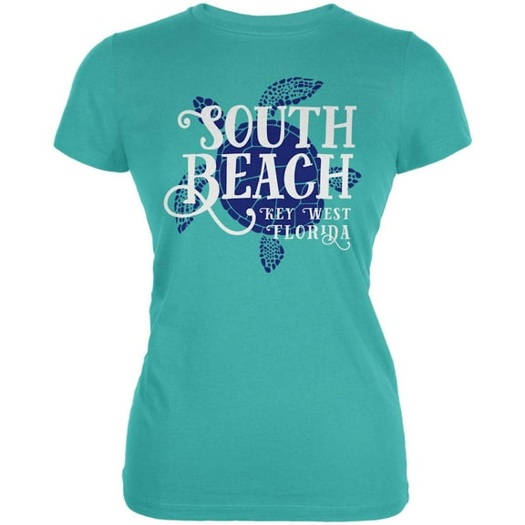 Summer Sun Sea Turtle South Beach Key West Juniors Soft T Shirt Teal X-LG