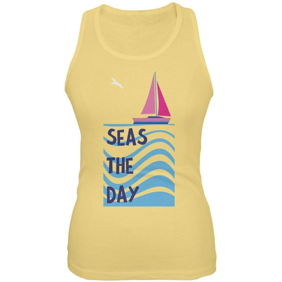 Summer Sun Seas Seize the Day Sailboat Juniors Soft Tank Top Yellow LG