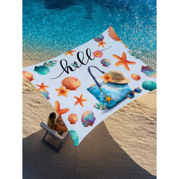 Summer Sun Shade Sail 14' x 18', Beach Bag Seashell Starfish Sunglasses Blue Rectangle Outdoor Sunshade Canopy, Waterproof UV Block Patio Covers for Garden Yard Beach