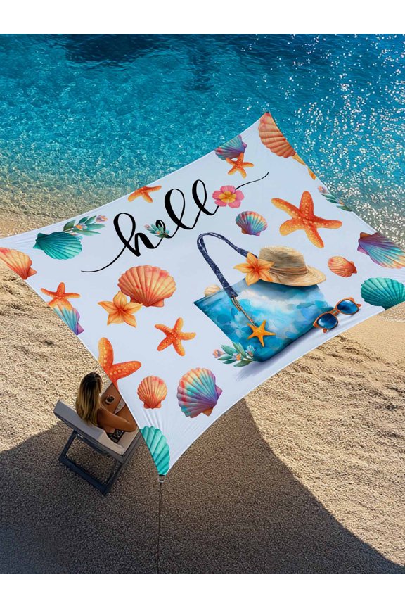 Summer Sun Shade Sail 6.5' x 10', Beach Bag Seashell Starfish Sunglasses Blue Rectangle Outdoor Sunshade Canopy, Waterproof UV Block Patio Covers for Garden Yard Beach
