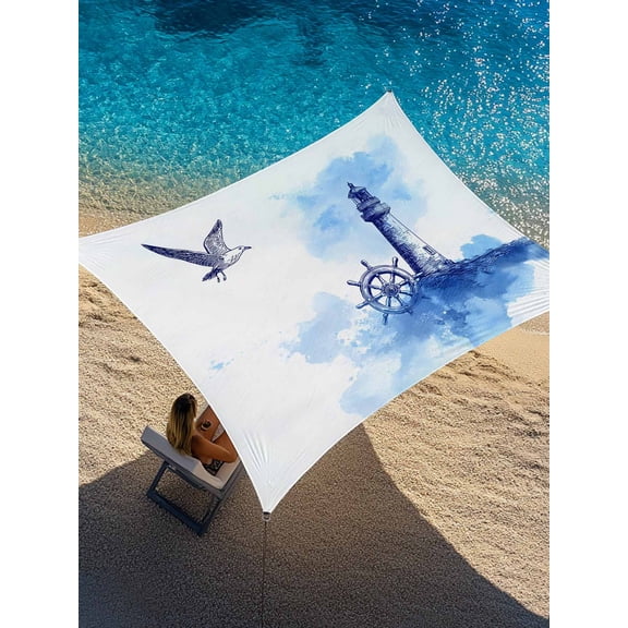 Summer Sun Shade Sail 6.5' x 10', Watercolor Seagull Blue Line Ship Rudder Lighthouse Sea Wave Rectangle Outdoor Sunshade Canopy, Waterproof UV Block Patio Covers for Garden Yard Beach