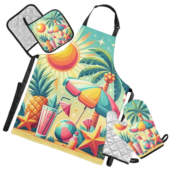 Summer Sun Tree Drink Pineapple 5 Pcs Kitchen Set Heat Resistant Oven Mitts and Non-Slip Pot Holders with Adjustable Cooking Apron