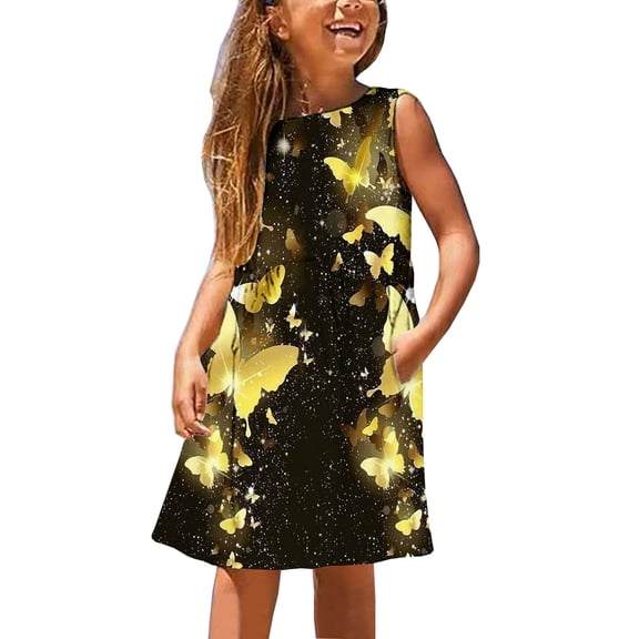 Summer Sundress for Girls Boho Tie Dye Sleeveless a Line Comfortable Dress with Pocket Fashion Holiday Beach Outfits Black 3 Years