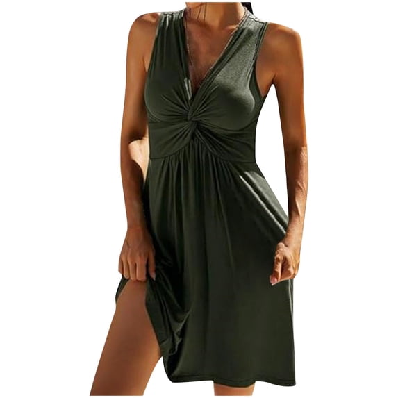 Summer Sundresses for Women 2024 Plus Size Solid Color Waistband V-Neck Sleeveless Shaping Beach Dress