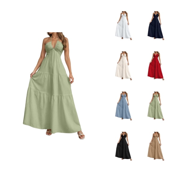 Summer for Women Sleeveless Spaghetti Strap Deep V Neck Tie Knot Backless Flowy Ruffle Maxi Beach Vacation Dress