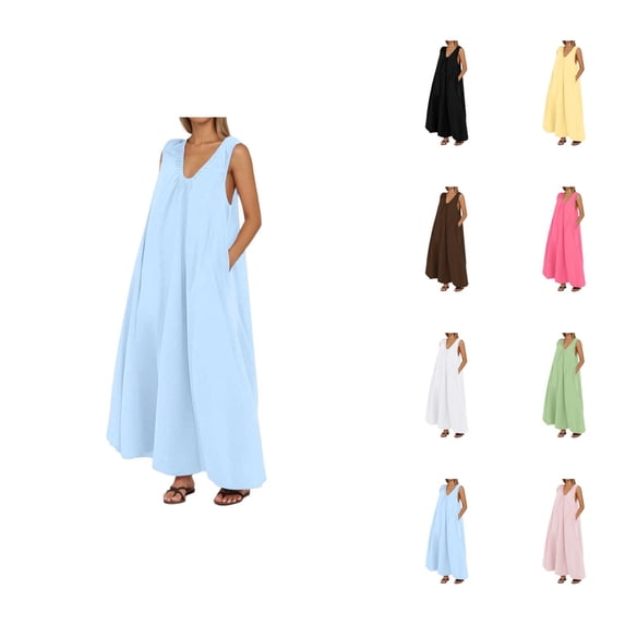 Summer for Women Sleeveless V Neck Wide Shoulder Loose Flowy Maxi Dress Beach Vacation Dress