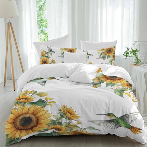 Summer Sunflower 4 Piece Duvet Cover Set Full Size Leaves Hummingbird Vintage Farmhouse Soft Bedding Set Comforter Cover, 1 Duvet Cover 1 Flat Sheets and 2 Pillowcases