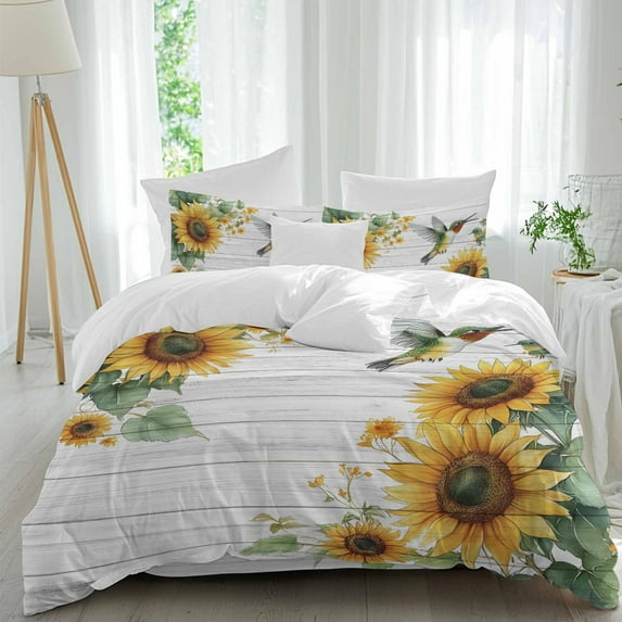 Summer Sunflower 4 Piece Duvet Cover Set Twin Size Leaves Hummingbird Vintage Wood Grain Soft Bedding Set Comforter Cover, 1 Duvet Cover 1 Flat Sheets and 2 Pillowcases