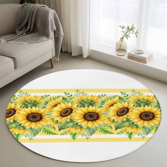 Summer Sunflower 4' Round Rug for Cozy Reading Nook Home Office Chair Area, Country Vintage Farm Yellow Flower Leaf Stripe Non Slip Circle Area Rug, Machine Washable Indoor Outdoor Mat