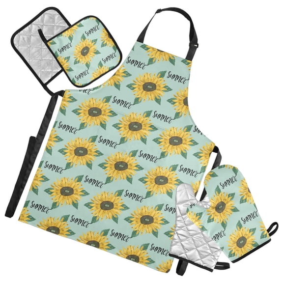 Summer Sunflower 5 Pcs Kitchen Set Heat Resistant Oven Mitts and Non-Slip Pot Holders with Adjustable Cooking Apron