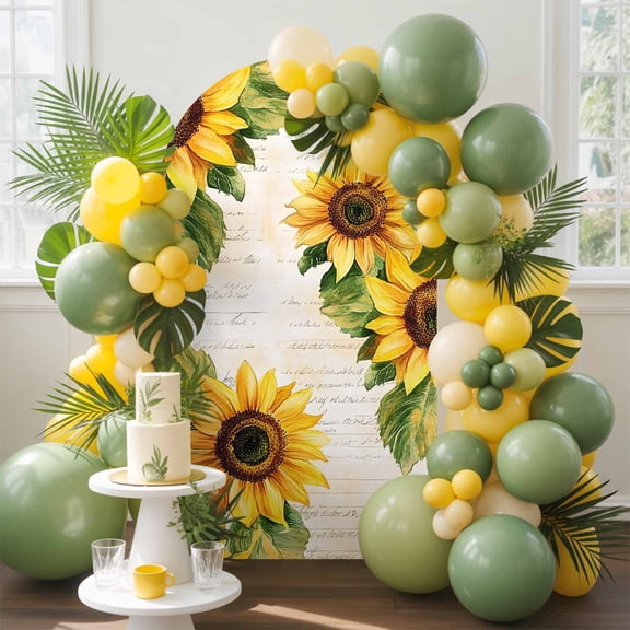 Summer Sunflower Arch Backdrop Cover, 6FT, Yellow Flower Leaf Old Newspaper Spandex Arch Covers Double-Sided Backdrop for Wedding Birthday Party Photo Background Decoration