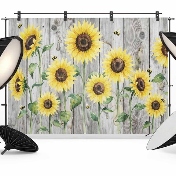 Summer Sunflower Backdrop for Photography, Country Vintage Yellow Flower Leaf Wood Grain Photo Backdrop Portrait Background Party Banner Photo Backgrounds for Studio Booth Props, 7x5ft