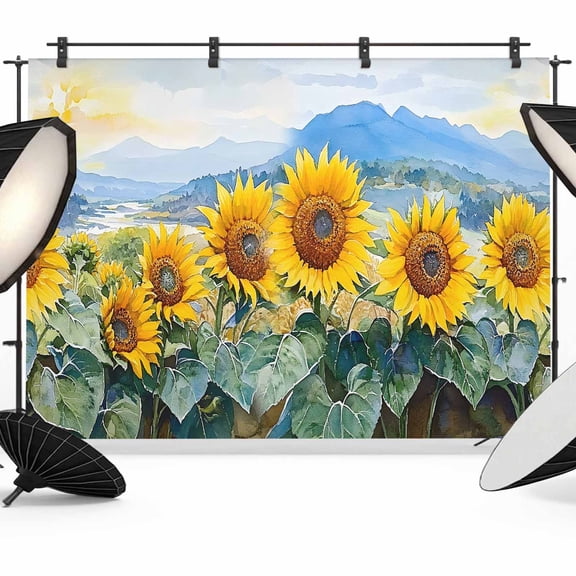 Summer Sunflower Backdrop for Photography, Plant Mountain Nature Field Painting Style Photo Backdrop Portrait Background Party Banner Photo Backgrounds for Studio Booth Props, 12x8ft