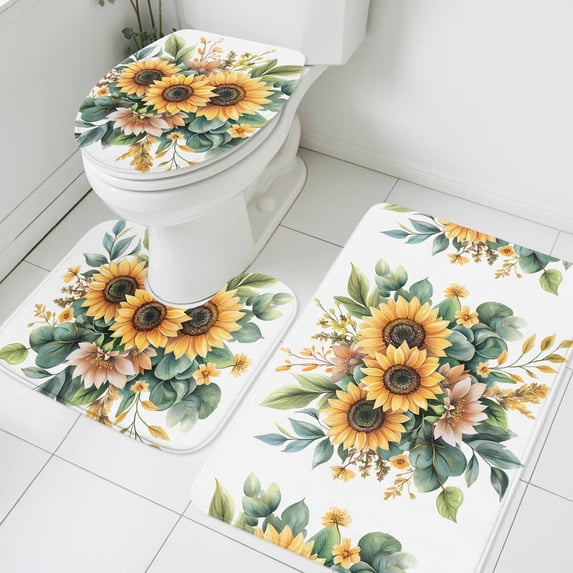 Summer Sunflower Bathroom Rugs Set Waterclor Leaf Cintage Yellow Flower Non Slip Absorbent Soft Bath Mats 3 Piece Set with Bathroom Rug, U-Shaped Floor Mat, Toilet Seat Cover Large Size