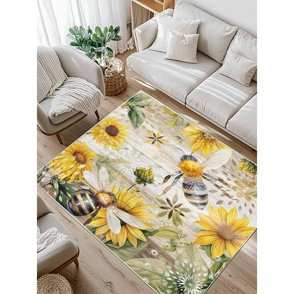 Summer Sunflower Bee Area Rug for Bedroom 4x6 Ft Yellow Floral Plants Wood Grain Rustic Super Soft fuzzy Throw Rug Non-Slip Fluffy Plush Indoor Floor Carpet for Living Room Nursery Home Decor