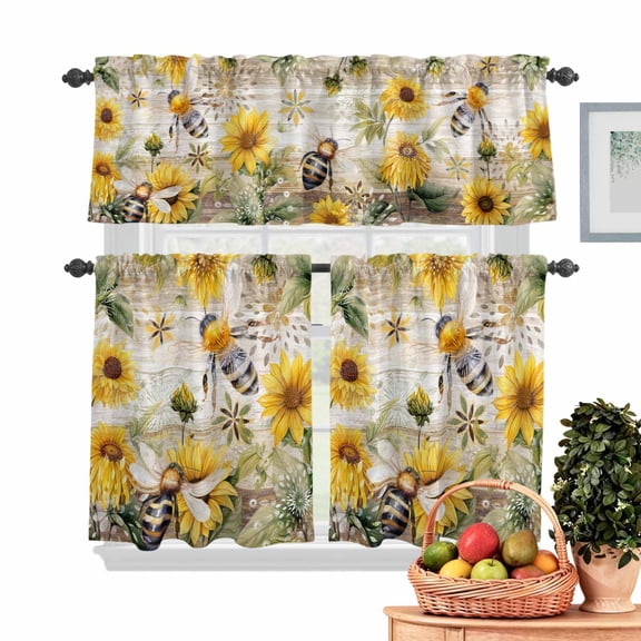 Summer Sunflower Bee Kitchen Curtains Valances 3 Piece Set, Yellow Floral Plants Rod Pocket Tier Curtain and Valance Drapes for Small Window 36 Inch Length for Bedroom Cafe