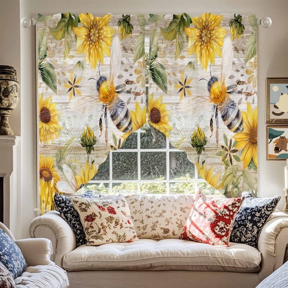 Summer Sunflower Bee Swag Curtain Valance for Windows, Yellow Floral Plants Window Treatments Short Swag Topper for Kitchen Windows Bathroom Bedroom, 28"x36"