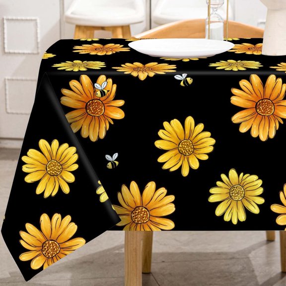 Summer Sunflower Bee Tablecloth 60 x 102 Inch Rectangle Farmhouse Black Floral Table Cloth Seasonal Flower Table Cover for Kitchen Dining Table Picnic Decoration Supplies