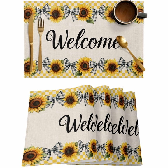 Summer Sunflower Bow Welcome Quote Placemats Set of 4,Wipeable Washable Table Mats for Dining Tables,Farm Plant Retro Linen Place Mats for Kitchen Event Party Tabletop Decor