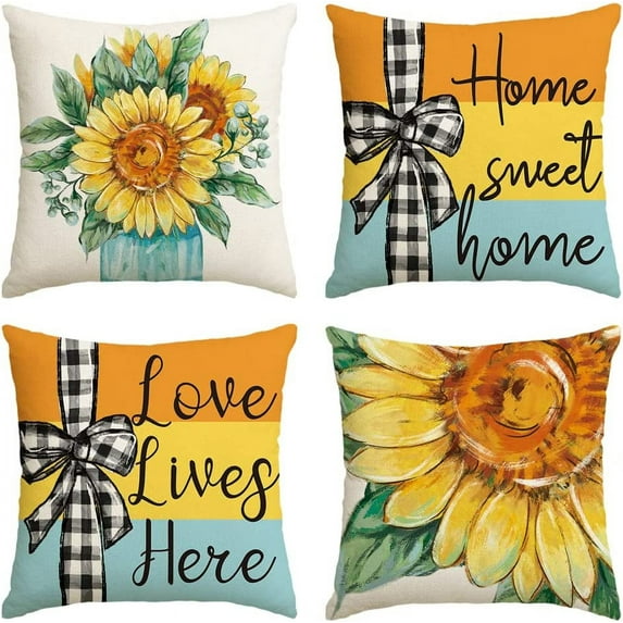 Summer Sunflower Buffalo Plaid Bow Tie Throw Pillow Covers, 18 x 18 Inch Stripes Cushion Case for Sofa Couch Set of 4