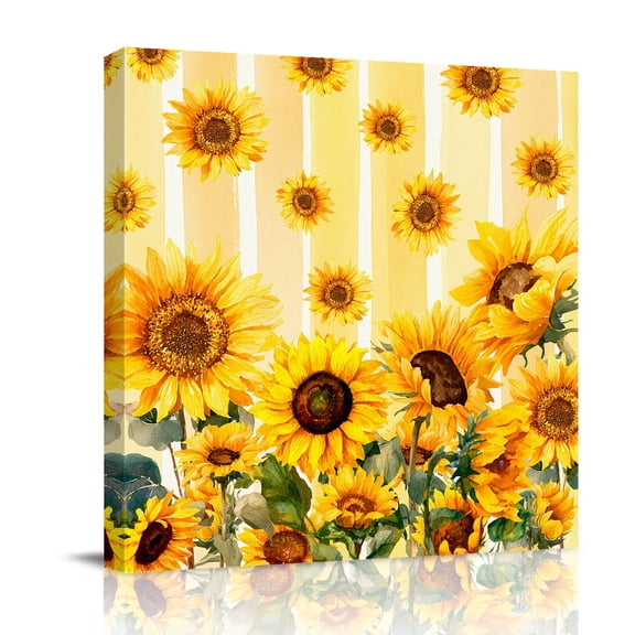 Summer Sunflower Canvas Wall Art for Living Room, Watercolor Flowers Yellow Strip Farmhouse Poster Print Painting for Bedroom Office Home Decoration Wall Pictures Prepare To Hang 8"x8"